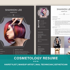 Puede incluir: Plantilla de currículum de cosmetología con un diseño en blanco y negro. El currículum presenta a una mujer con el pelo de colores y un par de tijeras. El texto del currículum dice "Cosmetology Resume" y "Hairstylist | Makeup Artist | Nail Technician | Esthetician".