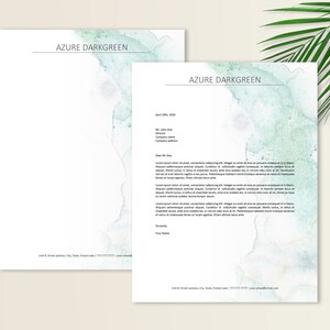 May include: A light blue and green watercolor background with the text "AZURE DARKGREEN" at the top of the page. The text "April 28th, 2020" is in the upper right corner. The text "Mr. John Doe" is below that. The text "Director" is below that. The text "Company name" is below that. The text "Company address" is below that. The text "Dear Sir/Madam" is below that. The text "Sincerely" is below that. The text "Your Name" is below that. The text "Unit 8, Street address, City, State, Postal code | (773) 777-7777 | your.email@email.com" is at the bottom of the page.