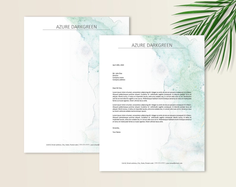 May include: A light blue and green watercolor background with the text "AZURE DARKGREEN" at the top of the page. The text "April 28th, 2020" is in the upper right corner. The text "Mr. John Doe" is below that. The text "Director" is below that. The text "Company name" is below that. The text "Company address" is below that. The text "Dear Sir/Madam" is below that. The text "Sincerely" is below that. The text "Your Name" is below that. The text "Unit 8, Street address, City, State, Postal code | (773) 777-7777 | your.email@email.com" is at the bottom of the page.
