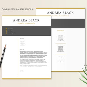 May include: A black and white cover letter and references page with gold accents. The cover letter is addressed to Mr. John Doe, Director. The references page lists three references with their names, titles, companies, phone numbers, and email addresses.
