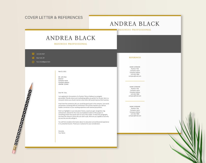 May include: A black and white cover letter and references page with gold accents. The cover letter is addressed to Mr. John Doe, Director. The references page lists three references with their names, titles, companies, phone numbers, and email addresses.