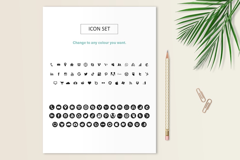 May include: A sheet of paper with the text "ICON SET" and "Change to any colour you want."  The paper has a grid of black and white icons representing various social media platforms, apps, and symbols.