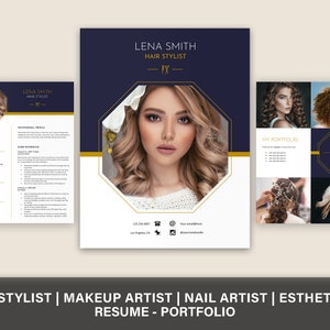 May include: A resume and portfolio for a hair stylist, makeup artist, nail artist, and esthetician. The resume includes a professional profile, work experience, education, and skills. The portfolio includes photos of the stylist's work, including hair styling, makeup, and nail art.