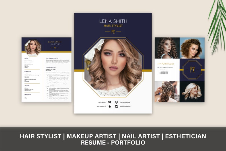 May include: A resume and portfolio for a hair stylist, makeup artist, nail artist, and esthetician. The resume includes a professional profile, work experience, education, and skills. The portfolio includes photos of the stylist's work, including hair styling, makeup, and nail art.