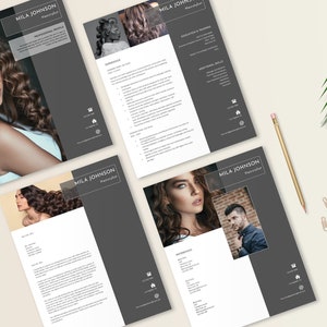 May include: Four pages of a professional resume for a hairstylist named Mila Johnson. The resume features a gray background with white text and a photo of a woman with long, curly hair on each page.