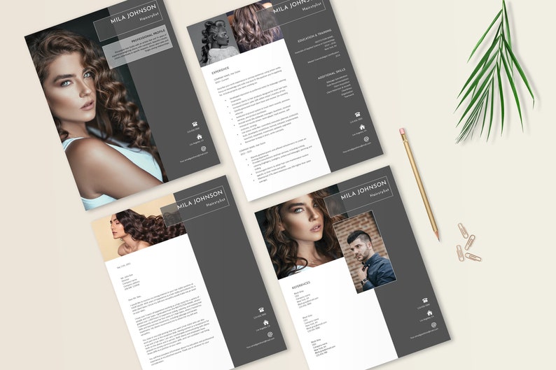 May include: Four pages of a professional resume for a hairstylist named Mila Johnson. The resume features a gray background with white text and a photo of a woman with long, curly hair on each page.