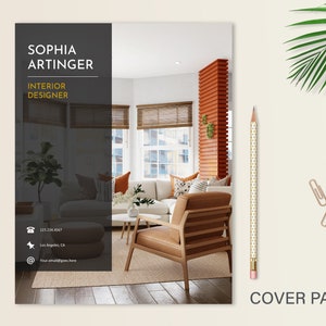 May include: A cover page for an interior designer's portfolio. The page features a photo of a modern living room with a large window, a brown leather armchair, and a sofa with cushions. The text "SOPHIA ARTINGER INTERIOR DESIGNER" is displayed in white on a black background.
