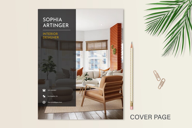 May include: A cover page for an interior designer's portfolio. The page features a photo of a modern living room with a large window, a brown leather armchair, and a sofa with cushions. The text "SOPHIA ARTINGER INTERIOR DESIGNER" is displayed in white on a black background.