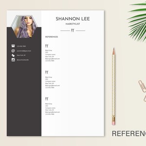 May include: A black and white resume template with a hexagonal photo of a woman with purple hair. The resume includes the name Shannon Lee, hairstylist, and contact information including a phone number, email address, and Instagram handle.