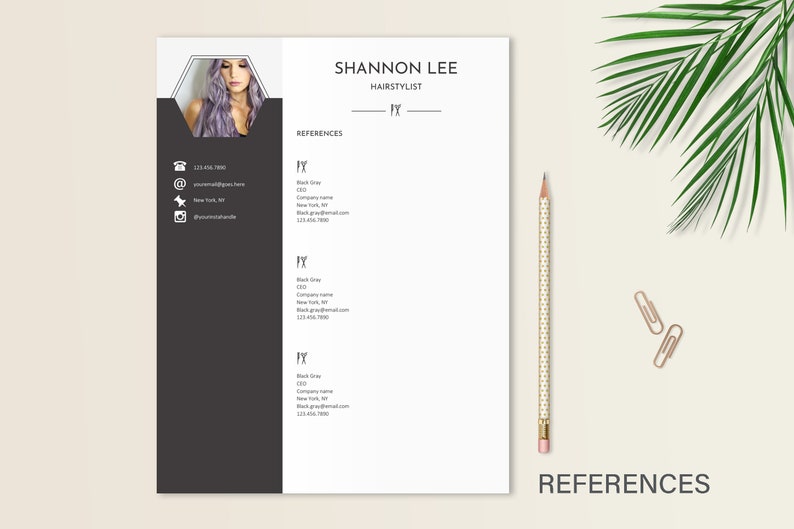 May include: A black and white resume template with a hexagonal photo of a woman with purple hair. The resume includes the name Shannon Lee, hairstylist, and contact information including a phone number, email address, and Instagram handle.