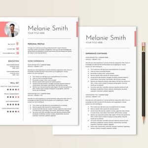 May include: A resume template with a pink and gray color scheme. The resume is for Melanie Smith and includes sections for personal profile, education, work experience, and skills. The resume is designed to be professional and easy to read.