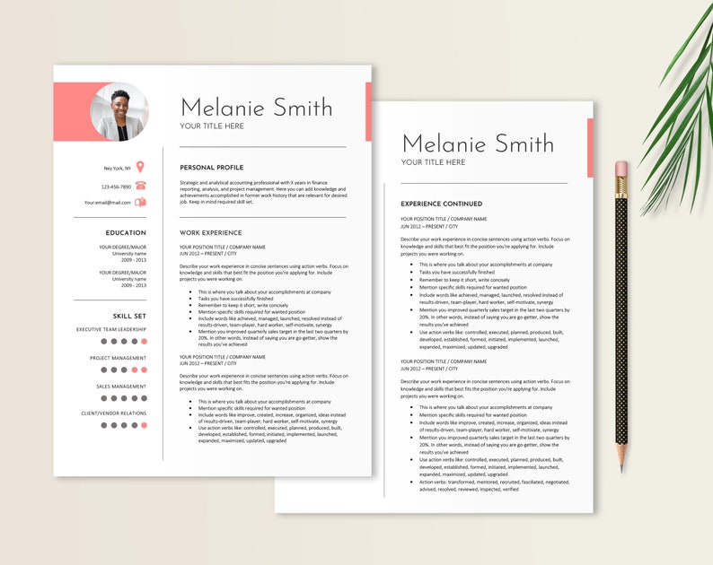 May include: A resume template with a pink and gray color scheme. The resume is for Melanie Smith and includes sections for personal profile, education, work experience, and skills. The resume is designed to be professional and easy to read.