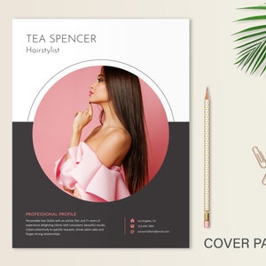 May include: A professional resume template featuring a white and dark gray layout with a circular cutout displaying a person with long brown hair wearing a pink ruffled top. The text reads TEA SPENCER Hairstylist and PROFESSIONAL PROFILE.