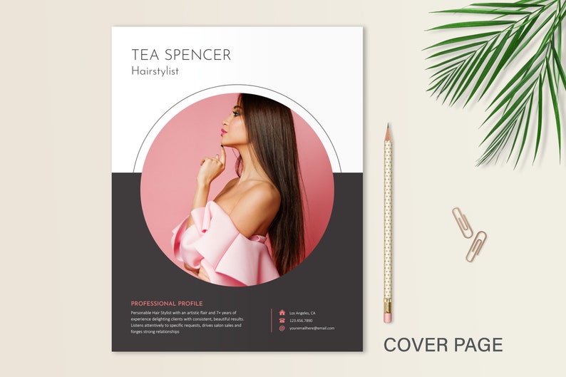 May include: A professional resume template featuring a white and dark gray layout with a circular cutout displaying a person with long brown hair wearing a pink ruffled top. The text reads TEA SPENCER Hairstylist and PROFESSIONAL PROFILE.