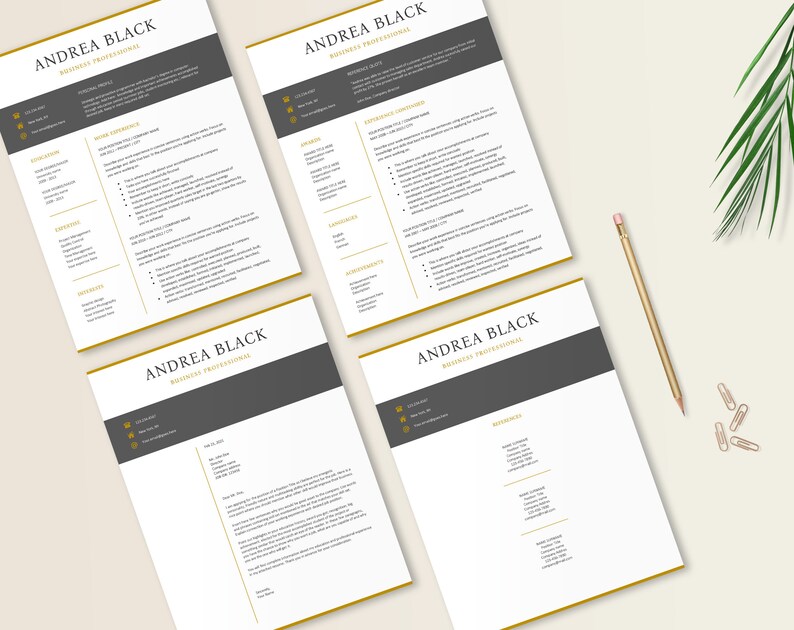 May include: Four pages of a professional resume with a gold border and gray accents. The resume is for Andrea Black, Business Professional. The resume includes sections for work experience, skills, education, and references.