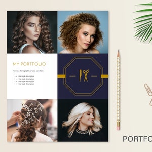 May include: A white and gold portfolio brochure with a navy blue section featuring a gold scissor and comb logo. The brochure has four photos of women with different hairstyles. The text "MY PORTFOLIO" is at the top of the brochure.