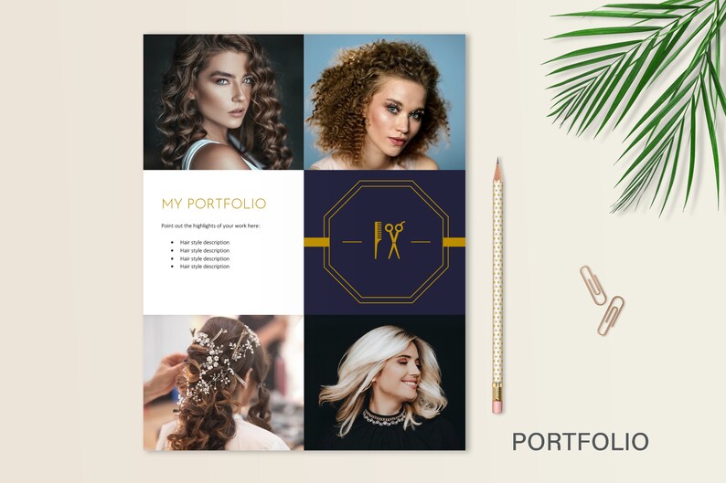 May include: A white and gold portfolio brochure with a navy blue section featuring a gold scissor and comb logo. The brochure has four photos of women with different hairstyles. The text "MY PORTFOLIO" is at the top of the brochure.