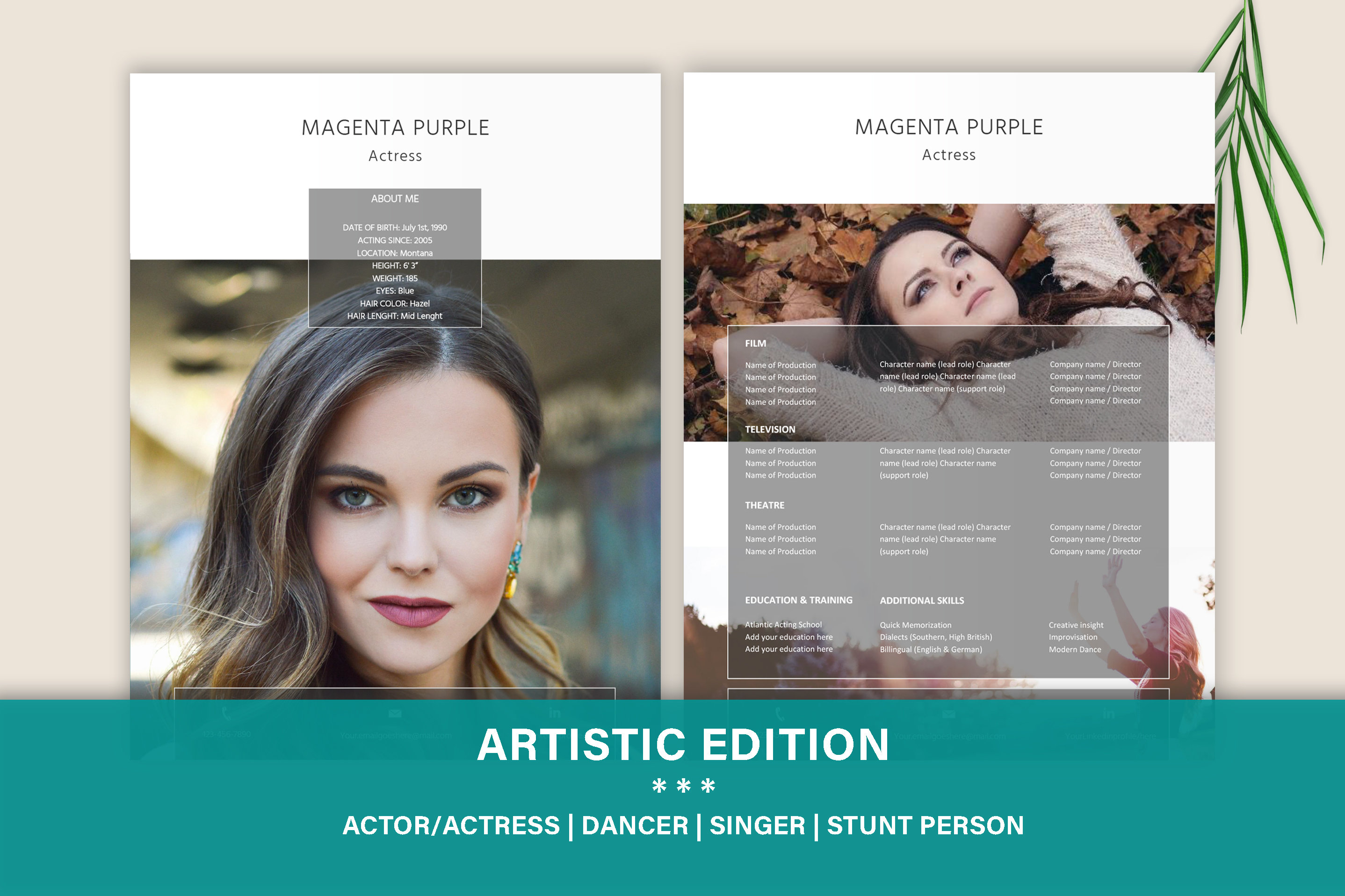 Actress | Actor Resume Template With Photo + Creative Personalized ...