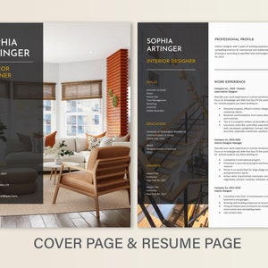 May include: A black and gold resume template with a cover page featuring a photo of a living room with a brown leather armchair and a white sofa. The resume includes a professional profile, work experience, skills, education, and awards.