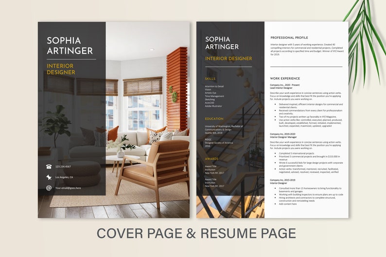 May include: A black and gold resume template with a cover page featuring a photo of a living room with a brown leather armchair and a white sofa. The resume includes a professional profile, work experience, skills, education, and awards.