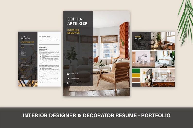 May include: A resume and portfolio for an interior designer named Sophia Artinger. The resume includes a professional profile, work experience, and skills. The portfolio features photos of various interior design projects, including a living room, kitchen, and bathroom.