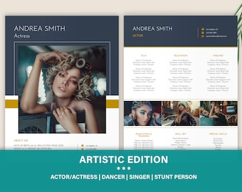 May include: A two-page professional acting resume template featuring a dark blue and white color scheme with gold accents. The layout includes sections for contact information, headshots, film, television, and theatre credits, education, and skills.