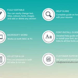 May include: A graphic with icons and text describing the features of a resume template. The icons include a pencil, magnifying glass, laptop, letter, and an at symbol. The text includes "Fully Editable", "Help Guide", "Microsoft Word", "Font Install Guide", "US Letter & A4", and "Customer Support".