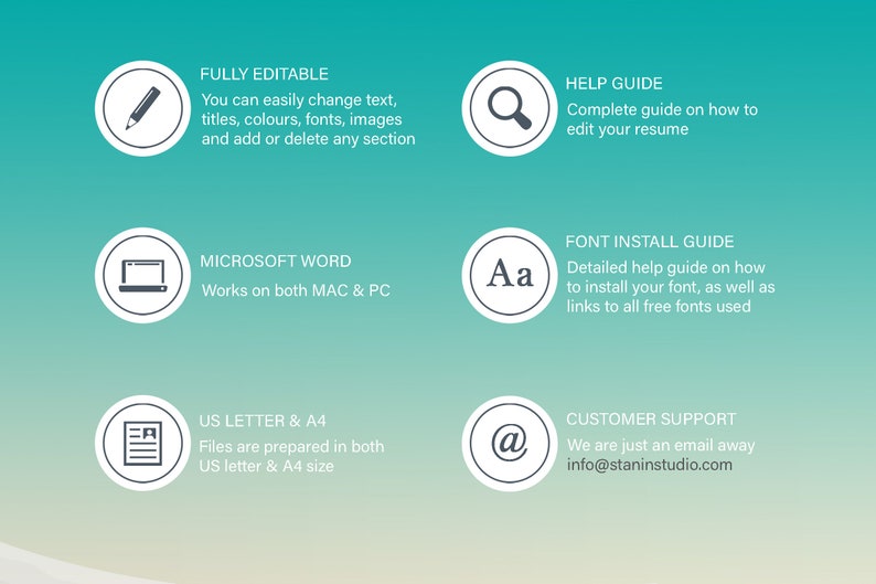 May include: A graphic with icons and text describing the features of a resume template. The icons include a pencil, magnifying glass, laptop, letter, and an at symbol. The text includes "Fully Editable", "Help Guide", "Microsoft Word", "Font Install Guide", "US Letter & A4", and "Customer Support".