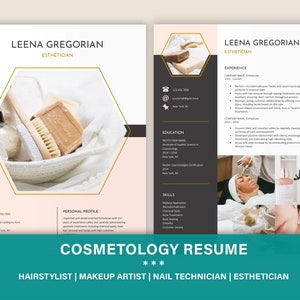 May include: A two-page professional resume template for an esthetician named Leena Gregorian. The design features a white and dark gray color scheme with soft pink accents, hexagonal photo frames, contact icons, and sections for experience, education, and skills.