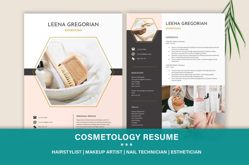 May include: A two-page professional resume template for an esthetician named Leena Gregorian. The design features a white and dark gray color scheme with soft pink accents, hexagonal photo frames, contact icons, and sections for experience, education, and skills.