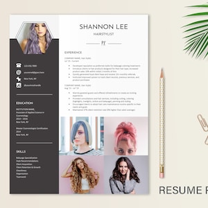 May include: A black and white resume with a headshot of a woman with purple hair. The resume lists the name Shannon Lee, hairstylist. The resume includes experience, education, and skills. The resume also includes photos of women with different hairstyles.