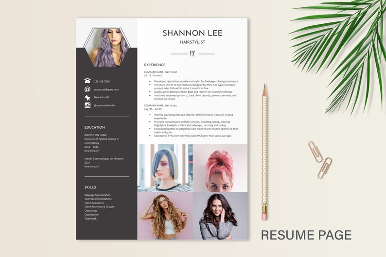 May include: A black and white resume with a headshot of a woman with purple hair. The resume lists the name Shannon Lee, hairstylist. The resume includes experience, education, and skills. The resume also includes photos of women with different hairstyles.