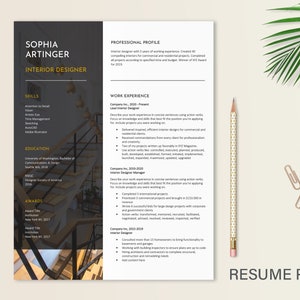 May include: A black and white resume template with a photograph of a staircase in the background. The resume is for Sophia Artinger, an interior designer. The resume includes sections for skills, education, awards, professional profile, and work experience.