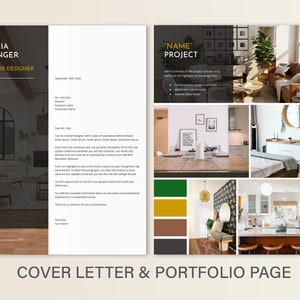 May include: A portfolio page for an interior designer showcasing a variety of projects. The page features a collage of images of different rooms, including a living room, kitchen, and bedroom. The page also includes a colour palette and a brief description of the project.