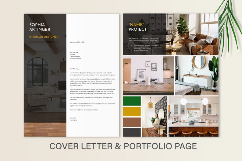 May include: A portfolio page for an interior designer showcasing a variety of projects. The page features a collage of images of different rooms, including a living room, kitchen, and bedroom. The page also includes a colour palette and a brief description of the project.