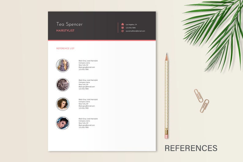 May include: A professional resume reference list template featuring a dark gray header with the name Tea Spencer, hairstylist title, and contact details. The white document includes four circular headshot placeholders with text fields for references.