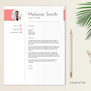 May include: A cover letter template with a pink header and a photo of a woman in the top left corner. The text in the letter is a sample cover letter for a job application.