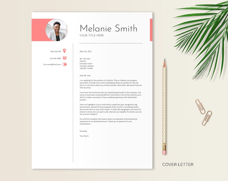 May include: A cover letter template with a pink header and a photo of a woman in the top left corner. The text in the letter is a sample cover letter for a job application.