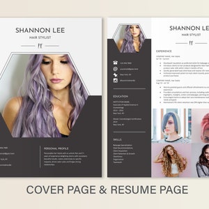 May include: A black and white resume template with a hexagonal design. The cover page features a photo of a woman with purple hair. The resume page includes a list of skills, education, and experience. The text on the resume includes the name "Shannon Lee" and the title "Hair Stylist".