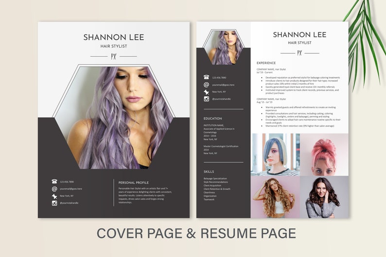 May include: A black and white resume template with a hexagonal design. The cover page features a photo of a woman with purple hair. The resume page includes a list of skills, education, and experience. The text on the resume includes the name "Shannon Lee" and the title "Hair Stylist".