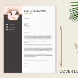 May include: A professional cover letter template for an esthetician featuring a dark gray sidebar with contact icons, a hexagonal photo frame containing skincare products, and the name Leena Gregorian printed in bold black text at the top.