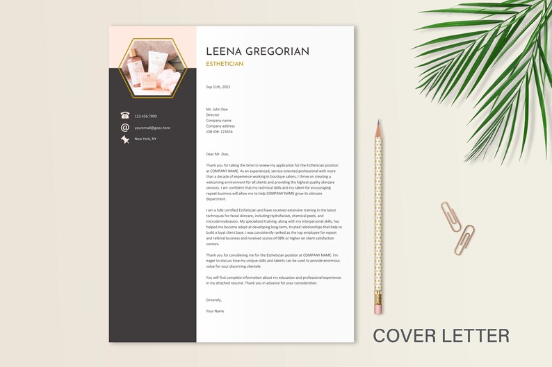 May include: A professional cover letter template for an esthetician featuring a dark gray sidebar with contact icons, a hexagonal photo frame containing skincare products, and the name Leena Gregorian printed in bold black text at the top.