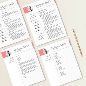 May include: A four-page resume template with a pink accent color. The resume includes a headshot, contact information, work experience, education, skills, and references. The text on the resume reads "Melanie Smith, Your Title Here".