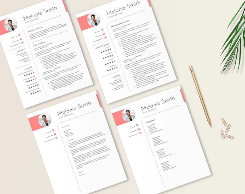May include: A four-page resume template with a pink accent color. The resume includes a headshot, contact information, work experience, education, skills, and references. The text on the resume reads "Melanie Smith, Your Title Here".