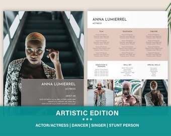 May include: A professional acting resume template titled Anna Lumierrel Actress featuring a headshot of a person with short blonde hair, sections for film, television, and theatre credits, education, skill sets, and additional portrait photos.