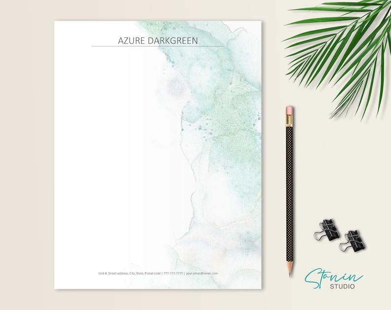 May include: A watercolor-style stationery template with a light blue and green background. The text "AZURE DARKGREEN" is at the top of the page. The bottom of the page has the text "STAMIN STUDIO" in a handwritten font.