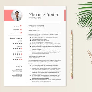 May include: A black and white resume template with a pink accent color. The resume is for Melanie Smith, who lists her technical skills, experience, and projects.