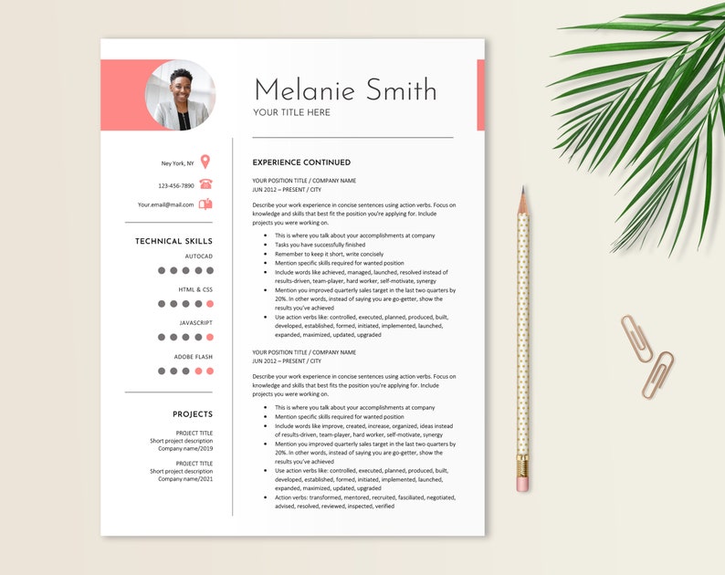 May include: A black and white resume template with a pink accent color. The resume is for Melanie Smith, who lists her technical skills, experience, and projects.