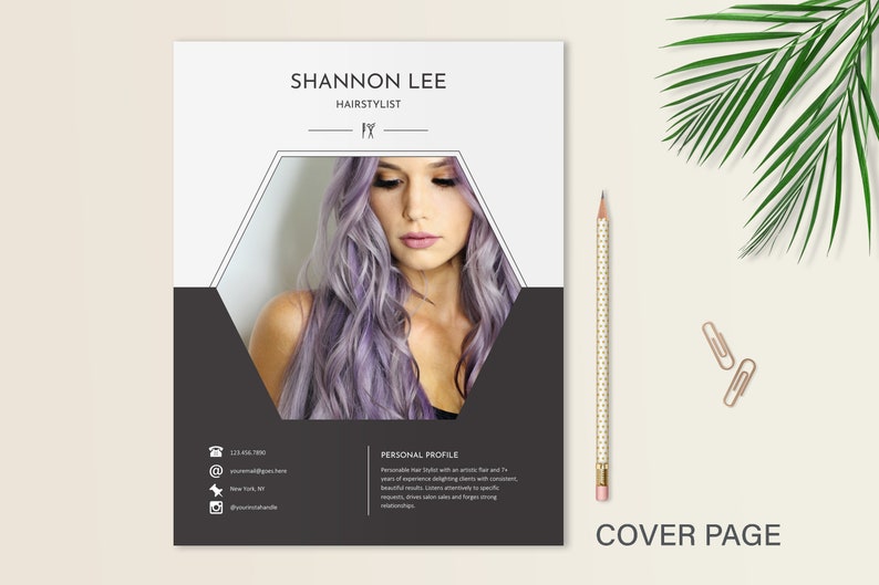 May include: A black and white business card with a hexagonal frame featuring a woman with long, purple hair. The text "SHANNON LEE" and "HAIRSTYLIST" is printed in black at the top of the card. Contact information is listed below the image.