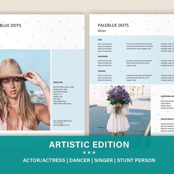 Artistic Resume for Actor/Actress, Graphic Designer Resume Template, Photographer CV, Dancer and other Artists Lookbook